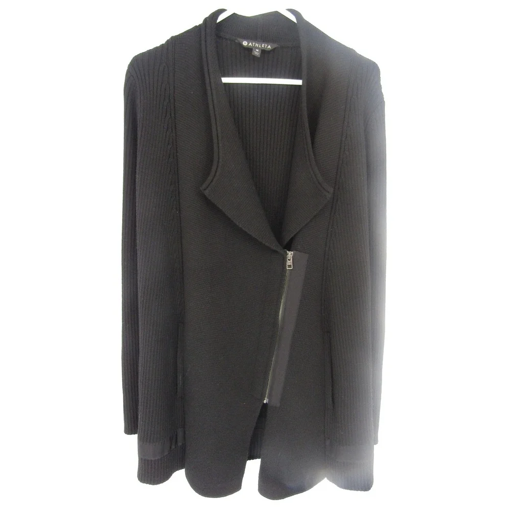 Athleta Cardigan Sweater‎ Medium Black Merino Wool Blend Asymmetric Motto Sporty